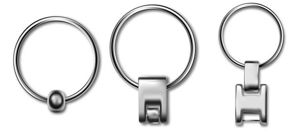 Leather keychain, trinket keyring mockup. Keyholder and breloque illustration. Keyring holders isolated on white background. Blank accessory. - Vector, Image