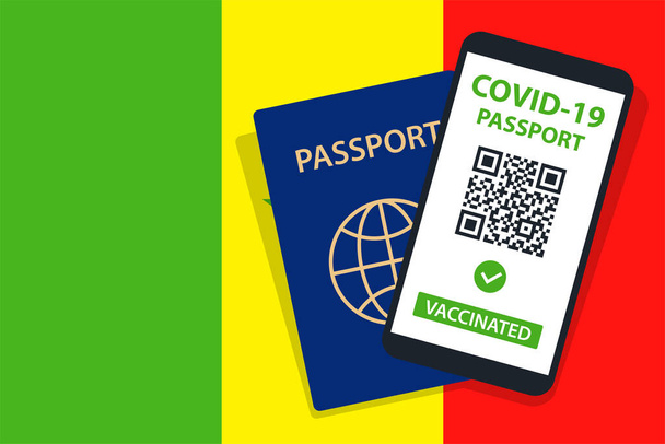 Паспорт Ковид-19 на фоне флага Сенегала. Вакцинация. QR-код. Смартфон. Серификат иммунного здоровья. Документ о прививках. Векторная иллюстрация - Вектор,изображение