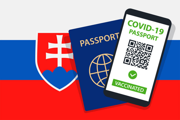 Covid-19 Passport on Slovakia Flag Background (en inglés). Vacunado. Código QR. Smartphone. Inmune Health Cerificate. Documento de vacunación. Ilustración vectorial - Vector, imagen