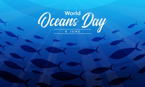 wereld oceaan dag tekst op een groep van makreel zwemmen onder de oceaan vector ontwerp - Vector, afbeelding