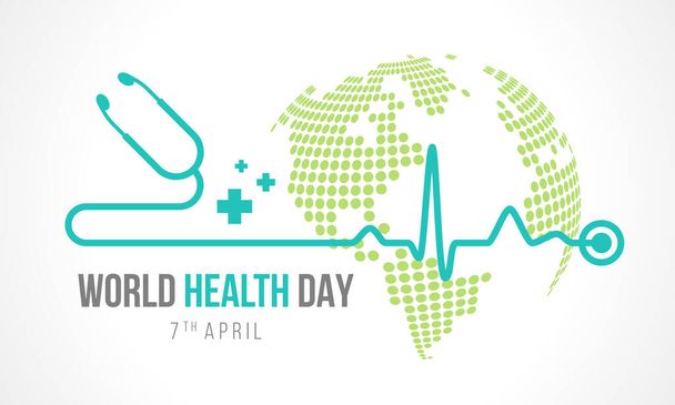 World Health Day - stethoscope made line Heart rhythm wave and plus cross sign on green dot circle globle world sign vector design - Vector, Image