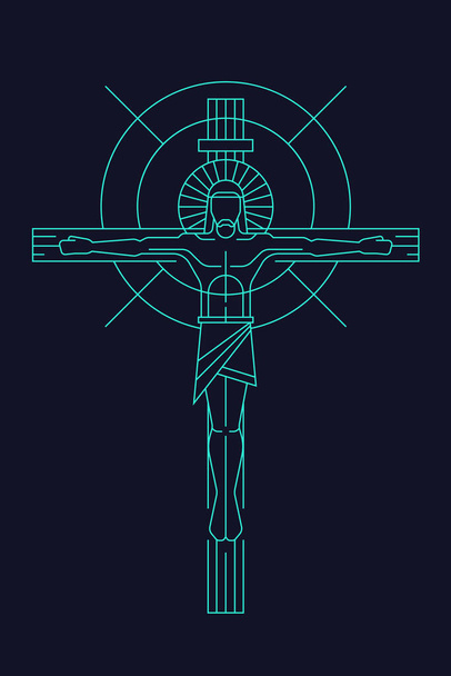 Línea verde clara abstracta Jesucristo crucificado en la cruz y fondo oscuro Vector ilustración diseño - Vector, Imagen