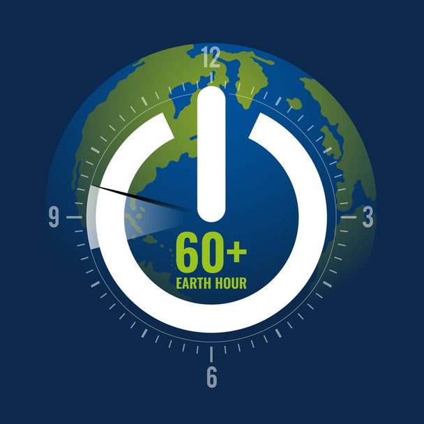 60plus Earth hour - weißes Herunterfahren-Zeichen und Kreiszeitskala-Uhr mit Pin von 20.30 bis 21.30 Uhr auf globalem Wort-Hintergrund-Vektor-Design - Vektor, Bild