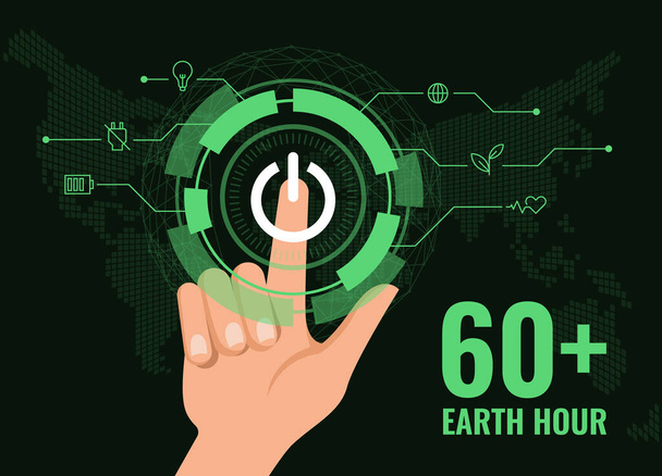 60 Earth Hour - hand Touch switch sign Απενεργοποίηση πινακίδας με ψηφιακή τεχνολογία φουτουριστικό στυλ σε σκούρο φόντο διανυσματικό σχεδιασμό - Διάνυσμα, εικόνα