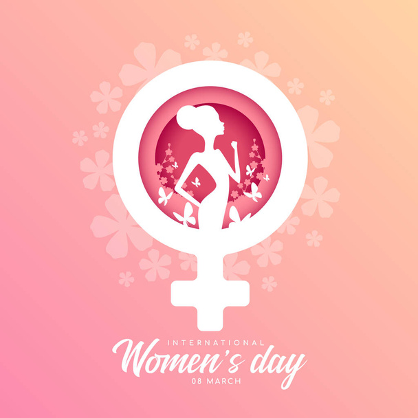 Знамя Международного женского дня - женщина подняла кулак и бабочку, летящих по цветочному парку в белом женском символическом векторном дизайне - Вектор,изображение
