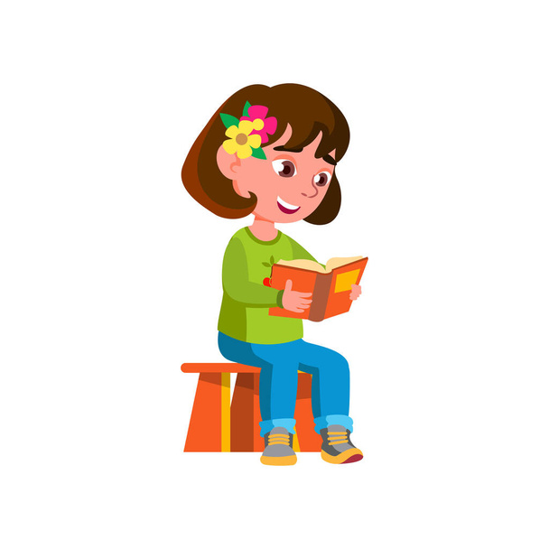 chica inteligente niño leyendo abc libro en el jardín de infantes vector de dibujos animados - Vector, imagen