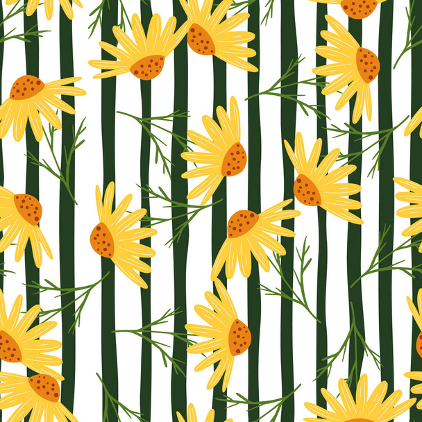 Decorative orange random chamomile flowers shapes seamless pattern. Green and white striped background. Designed for fabric design, textile print, wrapping, cover. Vector illustration. - Vector, Image