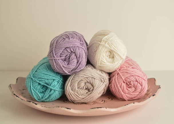 pastell coloured woolen balls for crocheting and handicraft - Fotoğraf, Görsel
