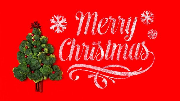 Concept, broccoli tree, with pomegranate seeds, on a red background, merry Christmas, horizontal, no people, - Photo, Image