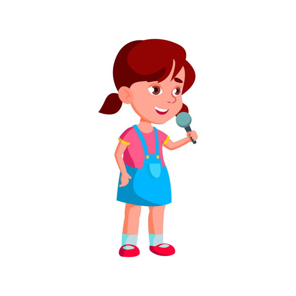happy emotion little girl singing song in karaoke microphone cartoon vector - Vector, Image