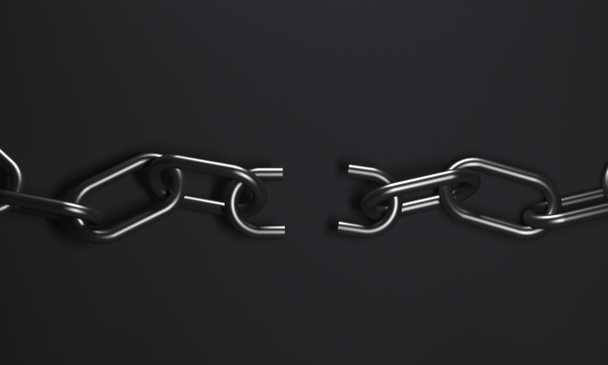 Kırık metal zincirli soyut siyah arkaplan. Özgürlük kavramı. 3d oluşturma - Fotoğraf, Görsel