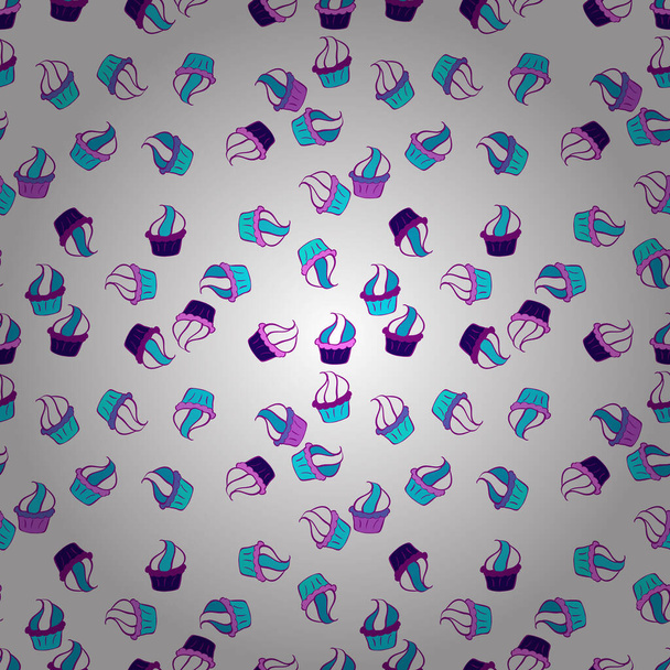Vector illustratie. Handgetekend kleurrijk naadloos patroon met cupcakes, leuke achtergrond op wit, paars en blauw. Snoepjesdesign. - Vector, afbeelding