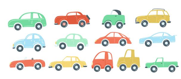 large set of toy cars flat simple cartoon style hand drawing. vector illustration - Vector, Image