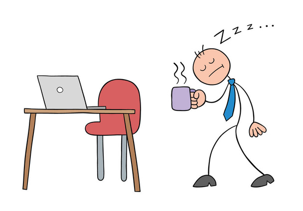Hombre de negocios Stickman personaje muy somnoliento, caminando a su escritorio con café, ilustración de dibujos animados vectoriales. Negro perfilado y coloreado.  - Vector, imagen