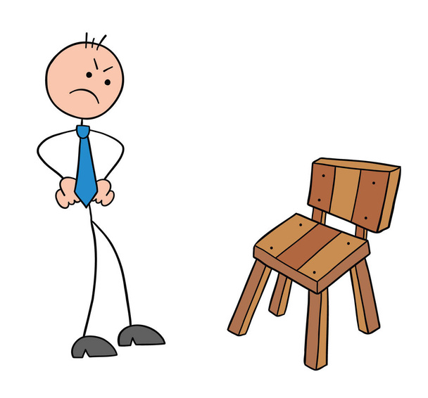 Персонаж бізнесмена Стікмана сердиться, коли він бачить дерев'яний стілець з векторною карикатурою. Чорний намальований і кольоровий.  - Вектор, зображення