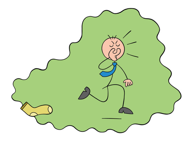 Stickman businessman character covers his nose from the nasty smell of socks and runs away, vector cartoon illustration. Black outlined and colored.  - Vector, Image