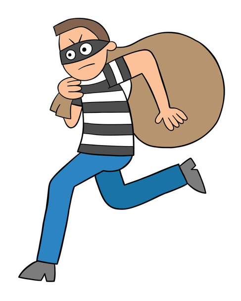 Cartoon thief man running away with sack, vector illustration. Black outlined and colored. - Вектор,изображение