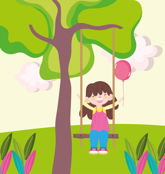 girl on swing cartoon - Vector, Image