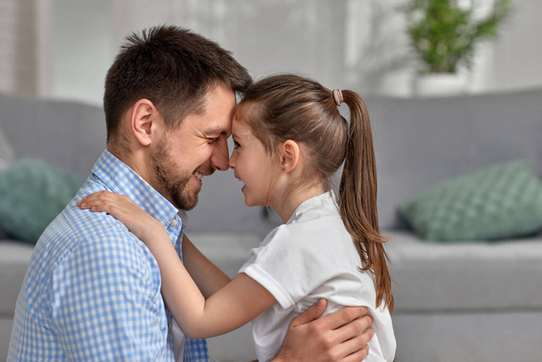 cute child daughter and father hug. fathers day - 写真・画像