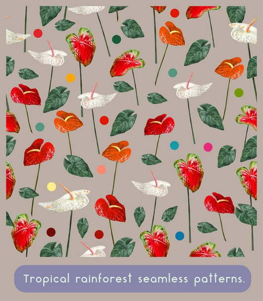 熱帯雨林アンスリウムのシームレスなパターンアートフラミンゴの花. - ベクター画像