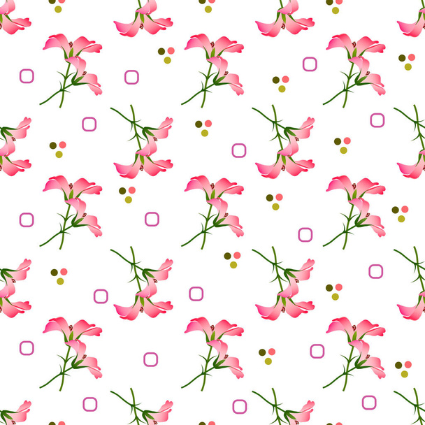Seamless floral pattern, bright tropical pink with red flowers, colored small elements, dots and squares. White background. For the manufacture of modern, beautiful and quality products. - Vector, Image