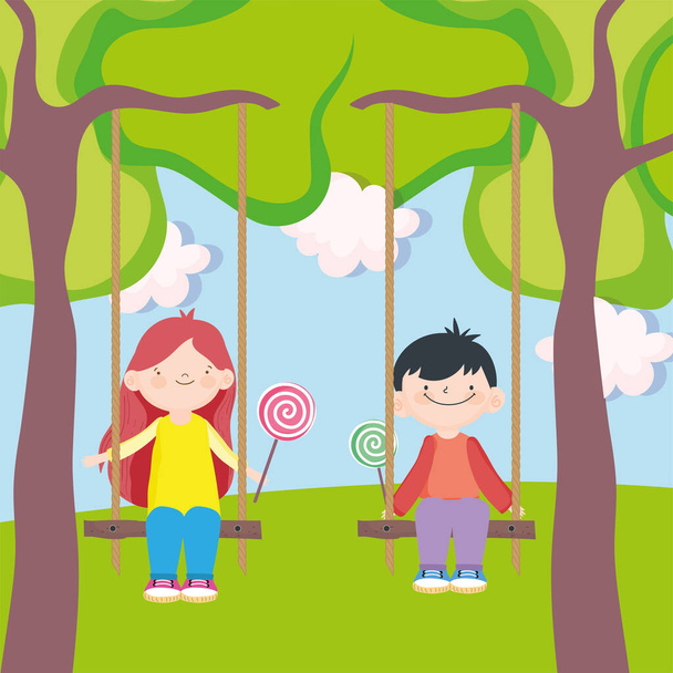 jongen en meisje spelen swing - Vector, afbeelding
