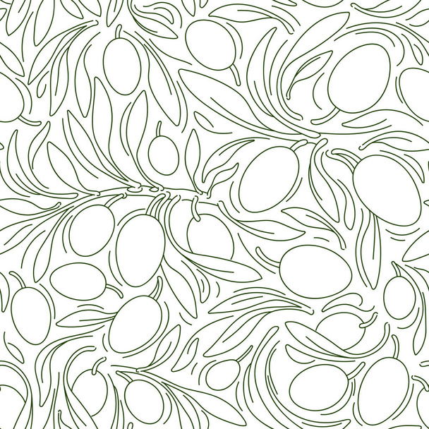 Olive naadloos patroon. Vector art line achtergrond. Natuurtak, groen fruit. Grafische illustratie. Griekse biologische voeding - Vector, afbeelding