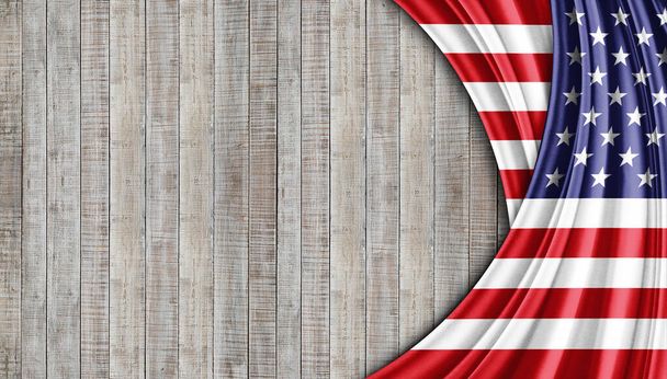 Amerikan ipek bayrağı ahşap arka plan 3D illüstrasyon - Fotoğraf, Görsel