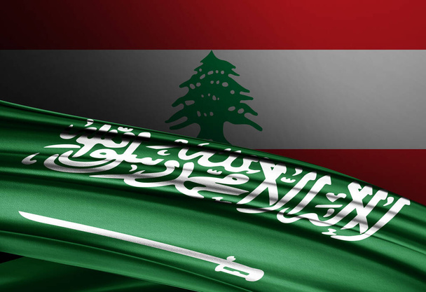 Libanon és Szaúd-Arábia zászló selyem -3D illusztráció.jpg - Fotó, kép