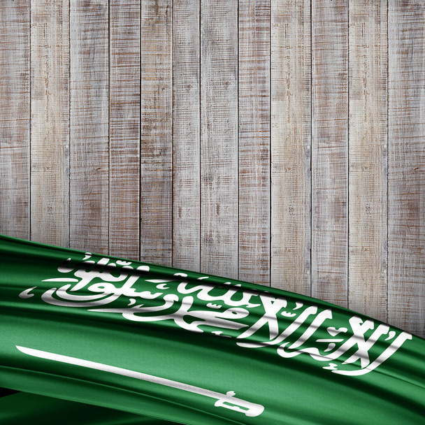 Szaúd-Arábia zászló selyem másolási hely a szöveg vagy képek és fa háttér-3D illusztráció  - Fotó, kép
