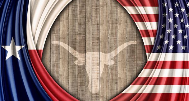 Bandera de seda de Texas y Estados Unidos, cuernos largos con copyspace para su texto o imágenes e ilustración 3D de fondo de madera. - Foto, imagen