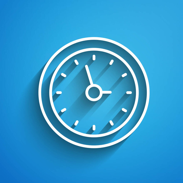 白い線青の背景に隔離された時計のアイコン。時間の象徴だ。長い影だ。ベクトル - ベクター画像