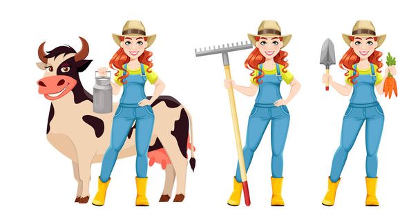 Kaunis naisfarmari, kolmen poseeraus. Söpö tyttö maanviljelijä sarjakuvahahmo. Varastojen vektorien havainnollistaminen - Vektori, kuva