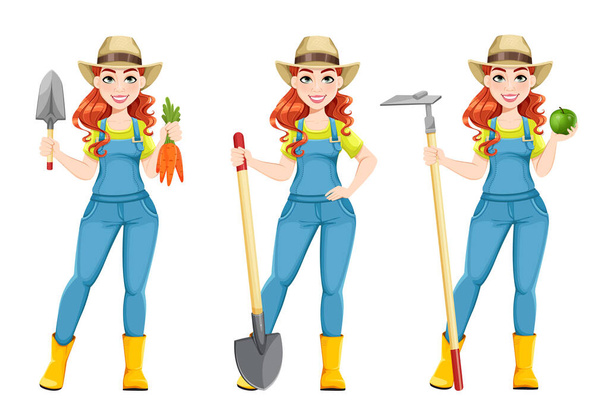 Beautiful woman farmer, set of three poses. Cute girl farmer cartoon character with carrots, with shovel and with hoe. Stock vector illustration on white background - Vector, Image
