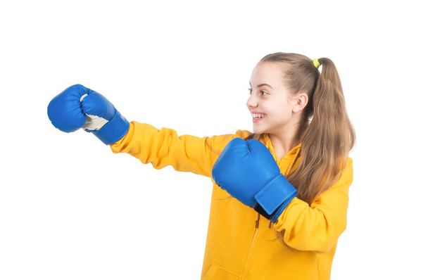 happy child boxer in boxing gloves ready to fight and punch isolated on white, fighter - Фото, зображення