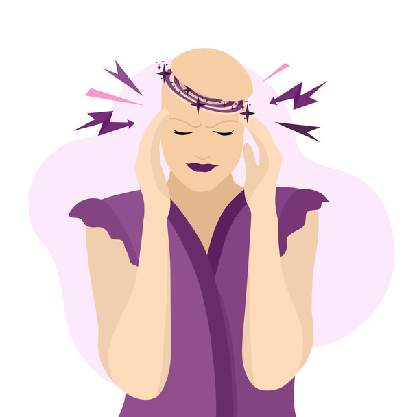 Kopfschmerzen, Migräne. Ein junges Mädchen hält ihren Kopf und leidet unter einem Splitterschmerz. Cartoon-Illustration für Informationsposter, Artikel, Webseiten und mobile Apps. - Vektor, Bild