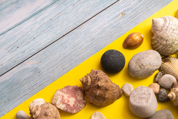 stones and shells on a blue wooden background and a yellow background.Marine theme. - Foto, immagini