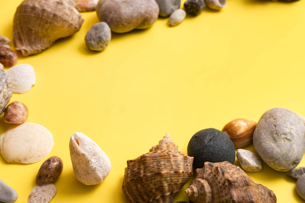 rocks and shells on a yellow background .Marine theme. - Zdjęcie, obraz