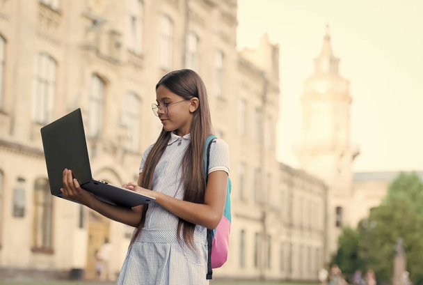 intelligent teen girl work on laptop online in school yard, education and childhood development - Zdjęcie, obraz