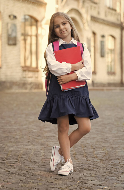 Education for future. Small kid back to school. Primary education. School dress code. Private teaching. Private lesson. September 1. Startup. Knowledge day. Excellence in childhood education - Фото, изображение