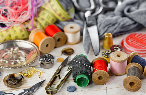 Handicraft items, threads, sewing needles. - Фото, изображение