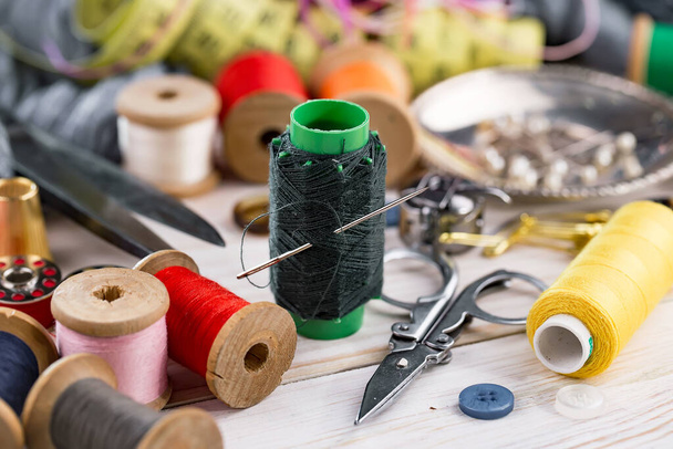 Handicraft items, threads, sewing needles. - Foto, Imagen