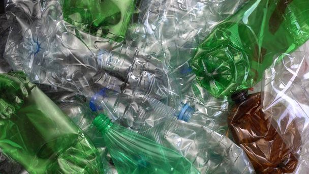 Number 1 PET plastic bottle collected for recycling. Empty used water bottles for recycle. Sorting of household waste. Zero waste - 写真・画像