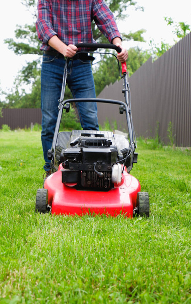 A man in a plaid shirt and blue jeans mows the grass with a lawn mower. - Фото, зображення