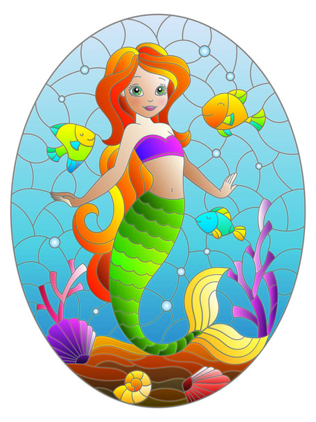 Illustratie in glas-in-lood stijl met schattige cartoon zeemeermin op de achtergrond van de zeebodem en vis, ovale afbeelding - Vector, afbeelding