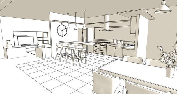 casa interior cocina sala de estar 3d ilustración - Foto, Imagen