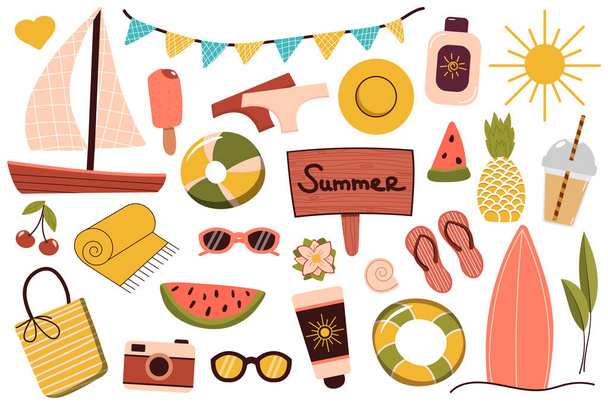 A set of summer things for the beach. Travel to a sunny country. Summer rest. Vector illustration. - Vector, Image