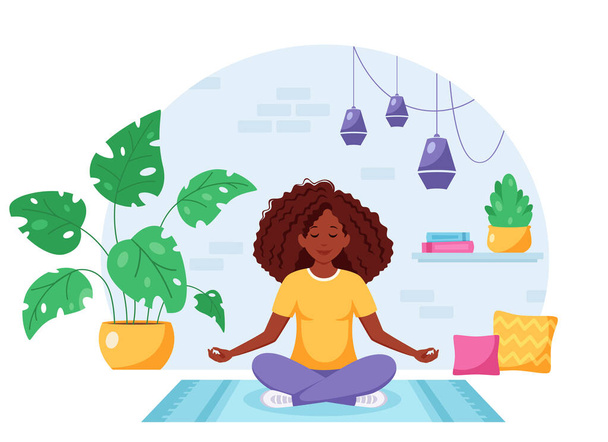 Fekete nő meditál lótuszban pózol hangulatos modern belsejében. Vektorillusztráció - Vektor, kép