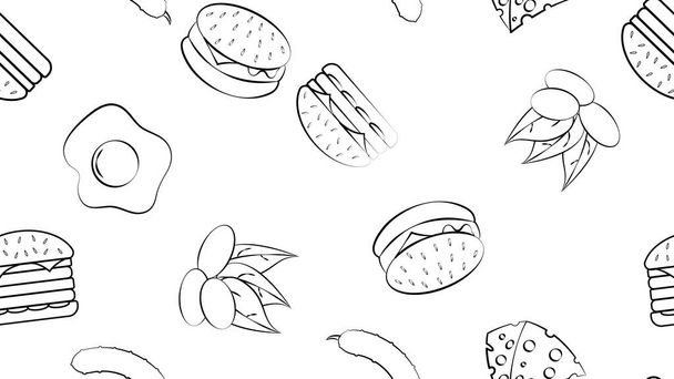 Fekete-fehér végtelen zökkenőmentes mintát egy sor élelmiszer és snack ikonok egy étterem bár kávézó: burger, pisztácia, tojás, sajt, uborka. A háttér. - Vektor, kép
