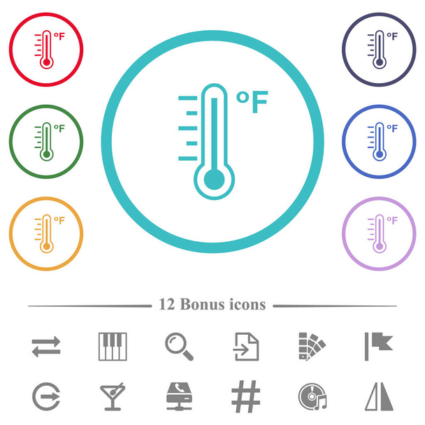 Termómetro Fahrenheit temperatura caliente iconos de color plano en forma de círculo contornos. 12 iconos de bonificación incluidos. - Vector, Imagen